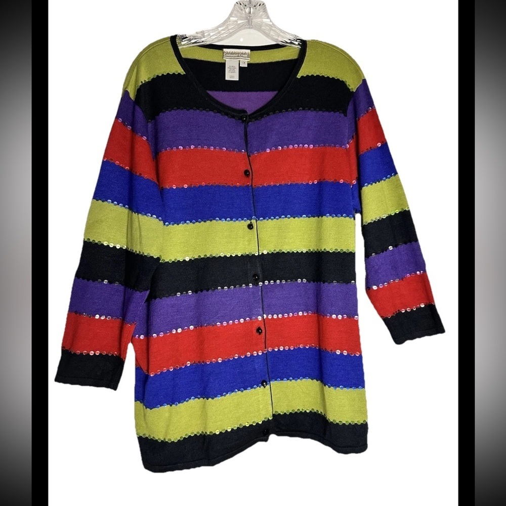 Coldwater Creek Multicolor Sequin Striped Silk Blend Cardigan Sz 1X